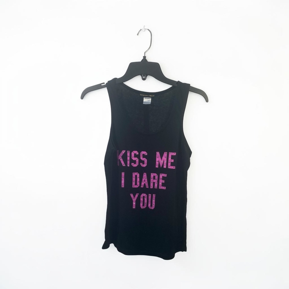 Not A Morning Person Kiss Me I Dare You Graphic Tank Top Black Pink Rhinestone L
